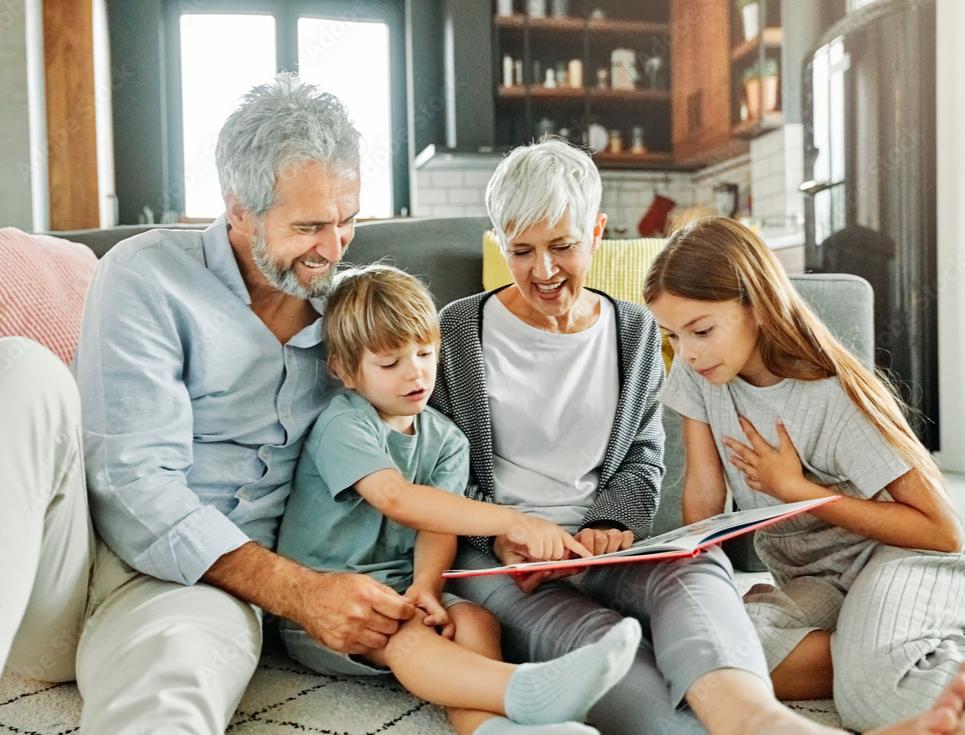 Multi-generational family reading together - preserving stories and memories